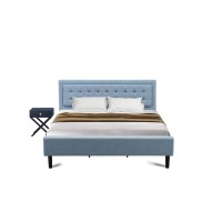 FN11K1HA15 2Piece Fannin King Size Bed Set with 1 Bed Frame and a Navy Blue Small Nightstand Denim Blue Linen Fabric Bed