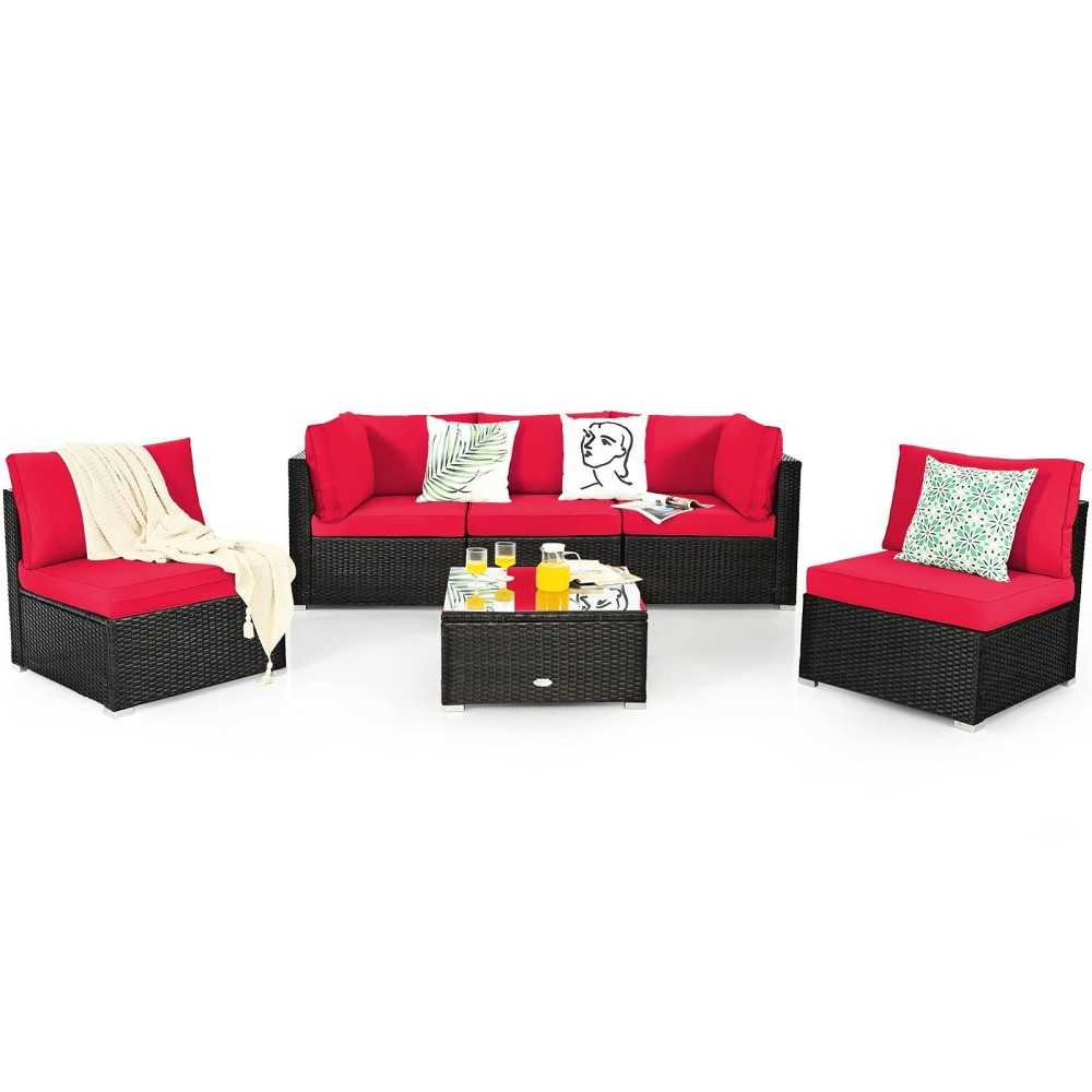 Dortala 6 Pieces Patio Furniture Set, Outdoor Wicker Conversation Set With Glass Coffee Table, Wicker Sofa Set With Back & Seat Cushions, Rattan Sectional Conversation Couch Set, Red