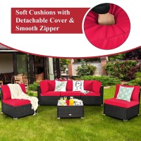 Dortala 6 Pieces Patio Furniture Set, Outdoor Wicker Conversation Set With Glass Coffee Table, Wicker Sofa Set With Back & Seat Cushions, Rattan Sectional Conversation Couch Set, Red