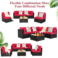 Dortala 6 Pieces Patio Furniture Set, Outdoor Wicker Conversation Set With Glass Coffee Table, Wicker Sofa Set With Back & Seat Cushions, Rattan Sectional Conversation Couch Set, Red