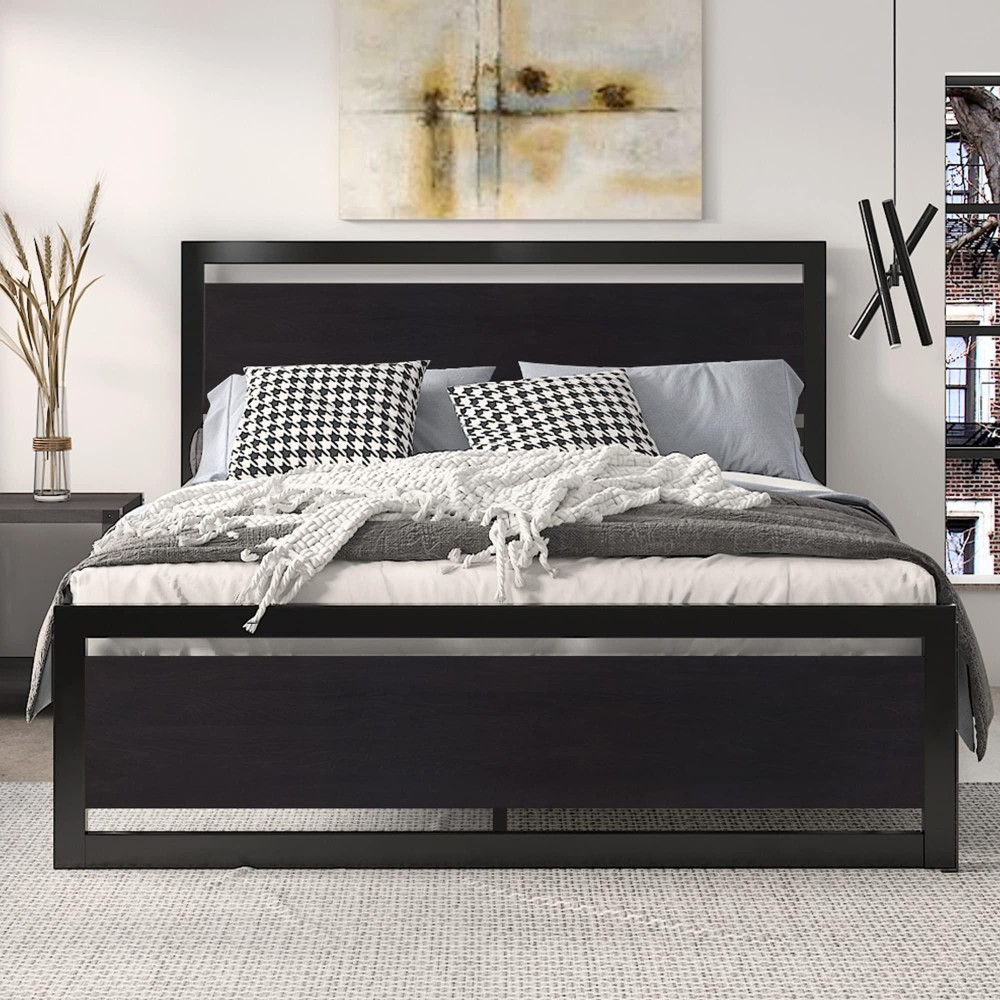 Sha Cerlin Queen Size Bed Frame With Modern Wooden Headboard/Heavy Duty Platform Metal Bed Frame With Square Frame Footboard & 13 Strong Metal Slats Support/No Box Spring