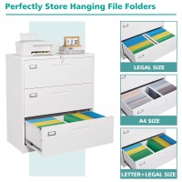 Miiiko 3 Drawer Lateral File Cabinet With Lock, White Lateral Filing Cabinet, Large Deep Drawers Locked By Keys, Metal Storage File Cabinet For Hanging Files Letter/Legal/F4/A4 Size