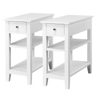 Dortala Set Of 2 3-Tier End Table With Drawer Side Table With One Drawer And Double Shelves Living Room End Telephone Table With Storage Shelves Coffee Table For Home & Office, White