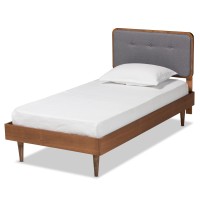 Baxton Studio Cilka Mid-Century Modern Dark Grey Fabric Upholstered And Ash Walnut Finished Wood Twin Size Platform Bed