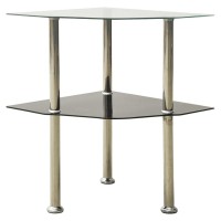 Vidaxl Modern Side Table With 2-Tiers - Transparent And Black, Tempered Glass & Stainless Steel - Multi-Purpose Table With Extra Shelf - 15