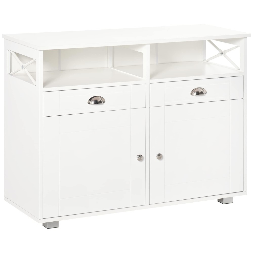 Homcom Sideboard Buffet Cabinet, Coffee Bar Cabinet, Kitchen Cabinet With Storage Drawers, Large Tabletop And Crossbar Side Design, White