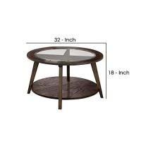 Benjara 32 Inches Coffee Table With Round Glass Top And Angled Legs, Brown