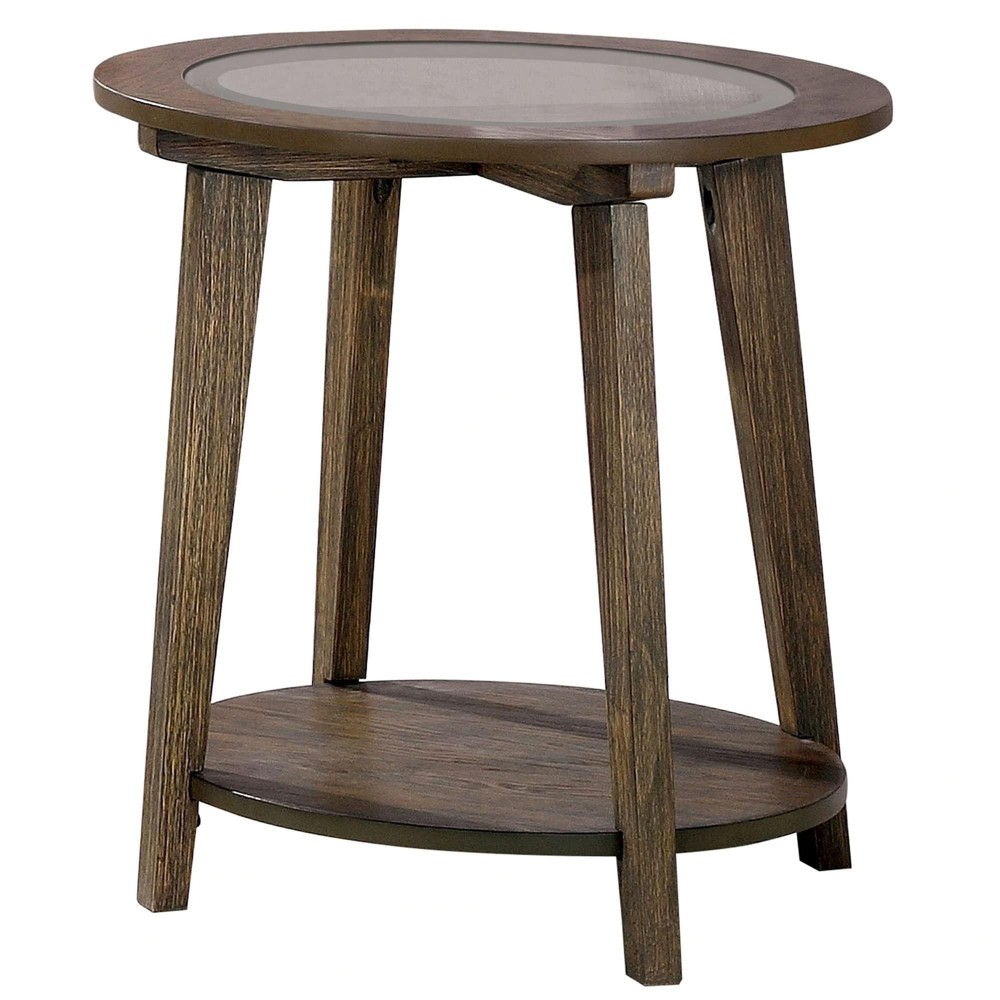 Benjara 24 Inches End Table With Round Glass Top And Angled Legs, Brown