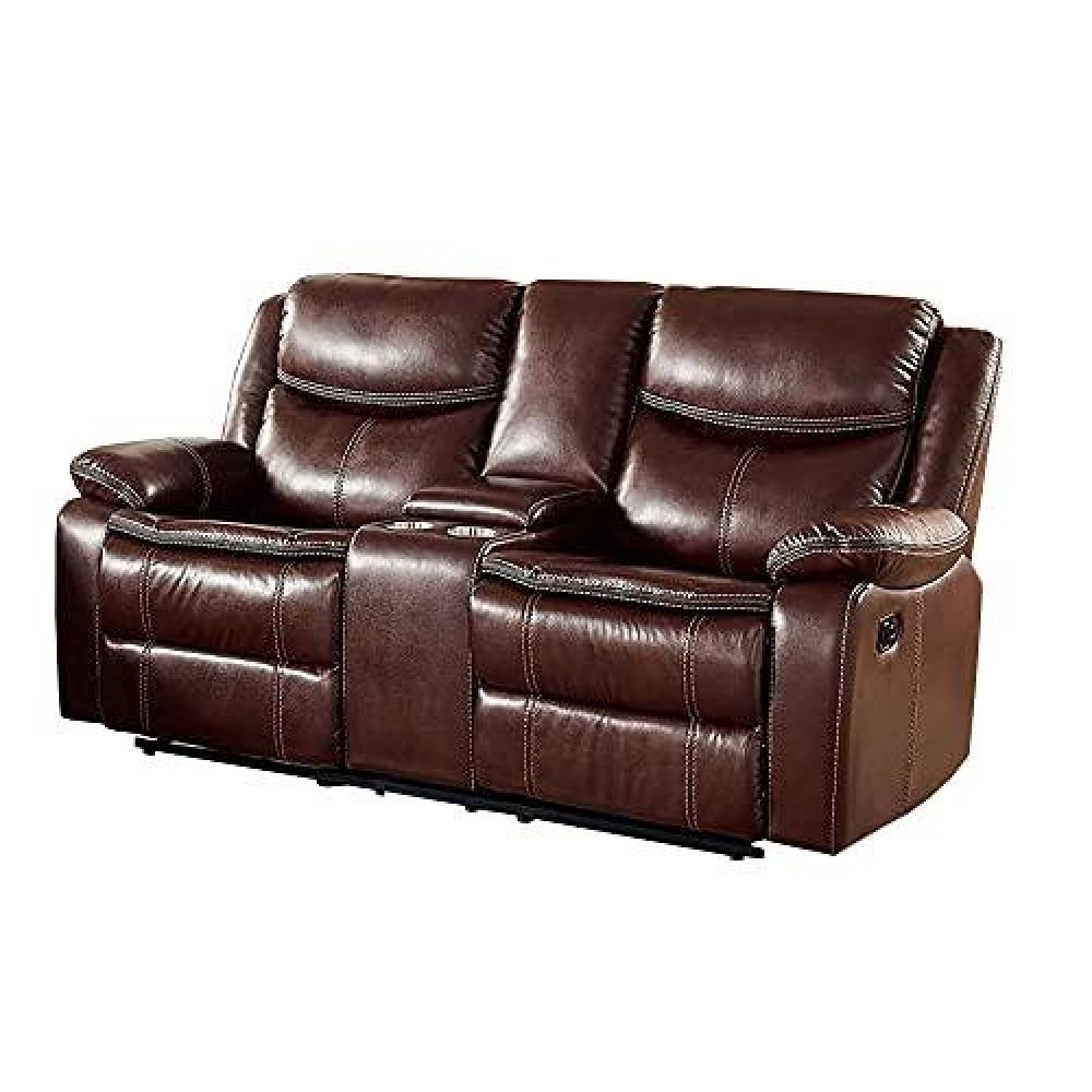 Benjara Recliner Loveseat With Leatherette Seating, Brown