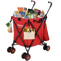 Easygo Rolling Cart Folding Grocery Shopping Cart Laundry Basket Rolling Utility Cart With Wheels - Removable Canvas Bag - Versa Wheels & Rear Brakes - Easy Folding 120Lbs Capacity - Copyrighted - Red