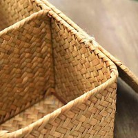 3 Compartment Storage Basket With Lid 3 Grid Hand-Woven Water Hyacinth Storage Basket Home Organizer Bins For Makeup, Clothes, Bathroom, Toilet And Home Items