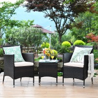 Tangkula Patio Furniture Set 3 Piece, Outdoor Wicker Rattan Conversation Set with Coffee Table, Chairs & Thick Cushions, Suitable for Patio Garden Lawn Backyard Pool (Off-White)