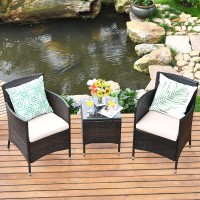 Tangkula Patio Furniture Set 3 Piece, Outdoor Wicker Rattan Conversation Set with Coffee Table, Chairs & Thick Cushions, Suitable for Patio Garden Lawn Backyard Pool (Off-White)