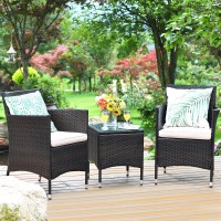 Tangkula Patio Furniture Set 3 Piece, Outdoor Wicker Rattan Conversation Set with Coffee Table, Chairs & Thick Cushions, Suitable for Patio Garden Lawn Backyard Pool (Off-White)