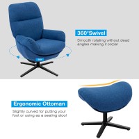 Giantex Swivel Lounge Chair W/Ottoman, Upholstered 360 Accent Lazy Armchair W/Rocking Footstool, Aluminum Alloy Base, Comfy Fabric Leisure Sofa Club Chair, Support To 330Lbs (Blue)