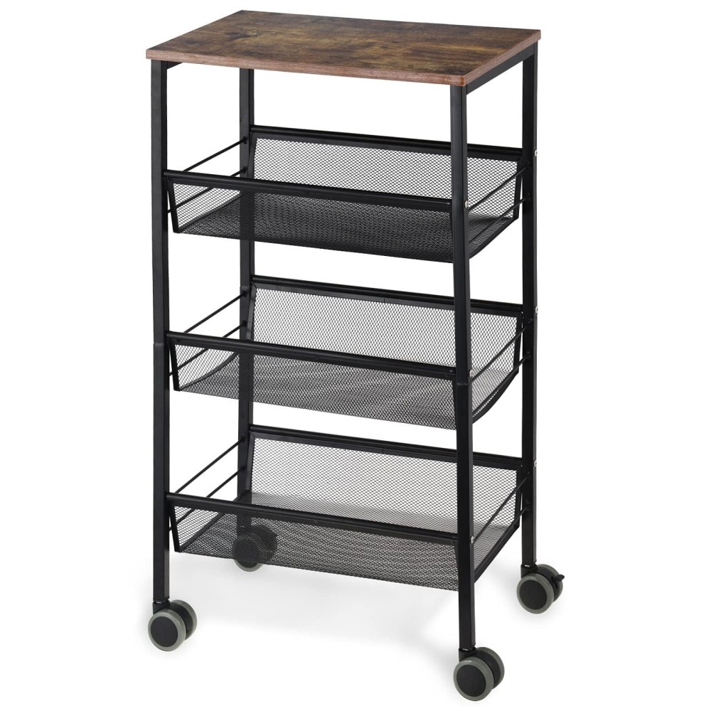 Liantral Rustic Kitchen Storage Cart, 4 Tier Kitchen Cart On Wheels, Metal Mesh Storage Pantry Cart With Lockable Wheels, Wood Look Top And Metal Frame.