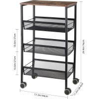 Liantral Rustic Kitchen Storage Cart, 4 Tier Kitchen Cart On Wheels, Metal Mesh Storage Pantry Cart With Lockable Wheels, Wood Look Top And Metal Frame.