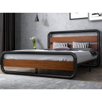 Sha Cerlin Queen Size Bed Frame With Wooden Headboard And Footboard, Heavy Duty Oval-Shaped Platform Bed With Under-Bed Storage, Noise Free, No Box Spring Needed, Walnut