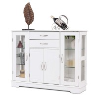 Dortala Buffet Sideboard, Kitchen Server Cabinet W/ 2 Drawers, Glass Display Cabinet W/Adjustable Glass Shelves, Multifunctional Sideboard Console Table For Kitchen, Living Room, Dining Room, White