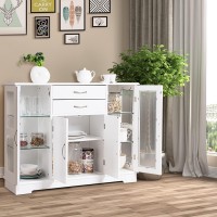 Dortala Buffet Sideboard, Kitchen Server Cabinet W/ 2 Drawers, Glass Display Cabinet W/Adjustable Glass Shelves, Multifunctional Sideboard Console Table For Kitchen, Living Room, Dining Room, White