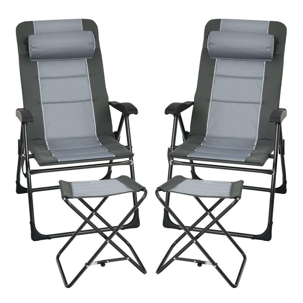 Giantex Set Of 2 Patio Dining Chairs With Footstools, Folding Recliner Chairs With 7-Position Adjustable Backrest, Headrest, Mesh Bag, Outdoor Portable Lounge Chairs For Poolside Backyard, Grey