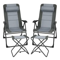 Giantex Set Of 2 Patio Dining Chairs With Footstools, Folding Recliner Chairs With 7-Position Adjustable Backrest, Headrest, Mesh Bag, Outdoor Portable Lounge Chairs For Poolside Backyard, Grey
