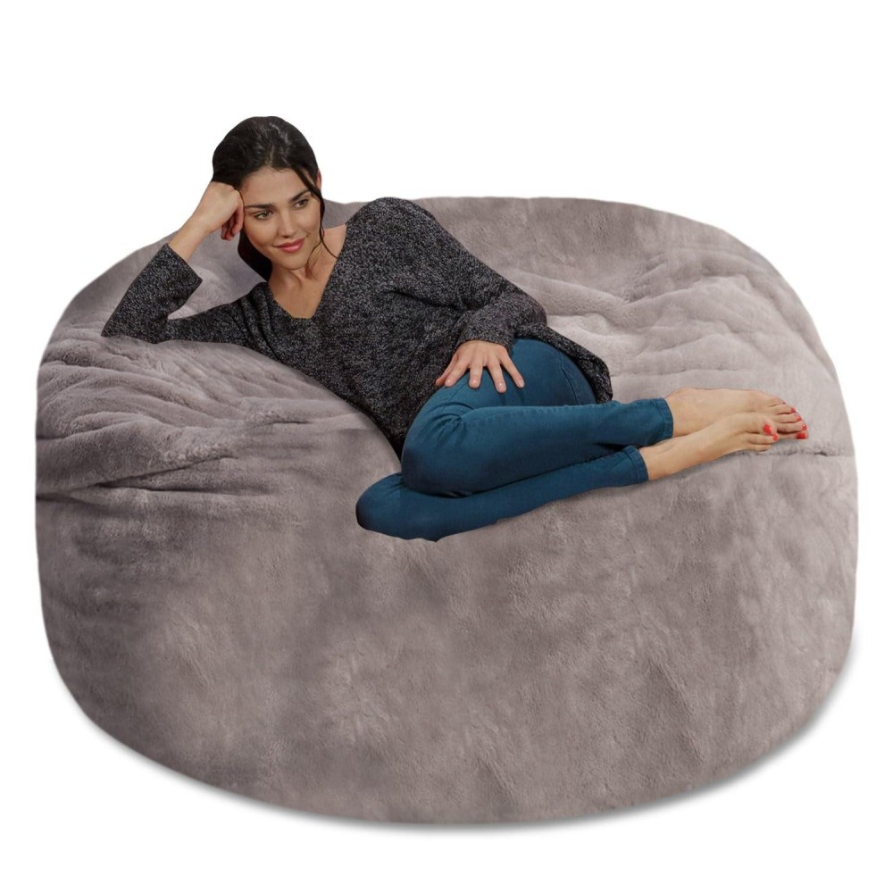 Chill Sack Bean Bag Chair Giant Bean Bags Memory Foam Bean Bag Chair 5Feet Comfy Soft Faux Rabbit Fur Cover Gray