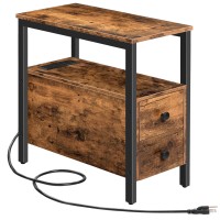 Hoobro End Table With Charging Station, Narrow Side Table With 2 Drawer & Usb Ports & Power Outlets, Nightstand For Small Spaces, For Living Room, Bedroom, Rustic Brown And Black Bf541Bz01