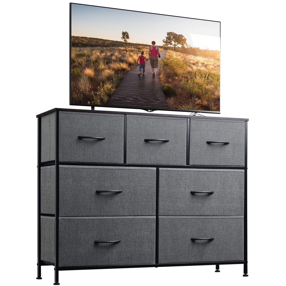 Wlive Dresser Tv Stand, Entertainment Center With Fabric Drawers, Media Console Table With Metal Frame And Wood Top For Tv Up To 45 Inch, Chest Of Drawers For Bedroom, Dark Grey