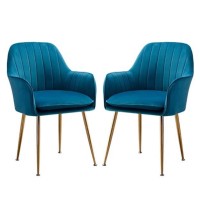 Light Luxury Nordic Dining Chairs Mid-Century Modern Gold Velvet Fabric Dining Chairs With Electroplating Golden Chair Feet 2-Pcs Set (Color : Blue)