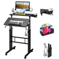 Klvied Mobile Standing Desk With Cup Holder, Portable Stand Up Desk, Adjustable Height Small Standing Desk, Rolling Desk With Wheels, Home Office Laptop Cart, Computer Desk For Standing Or Sitting