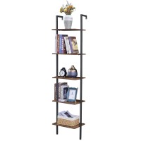 Tajsoon Industrial Bookcase, Ladder Shelf, 5-Tier Wood Wall Mounted Bookshelf With Stable Metal Frame For Bedroom,Home Office,Collection,Plant Flower, Rustic Brown