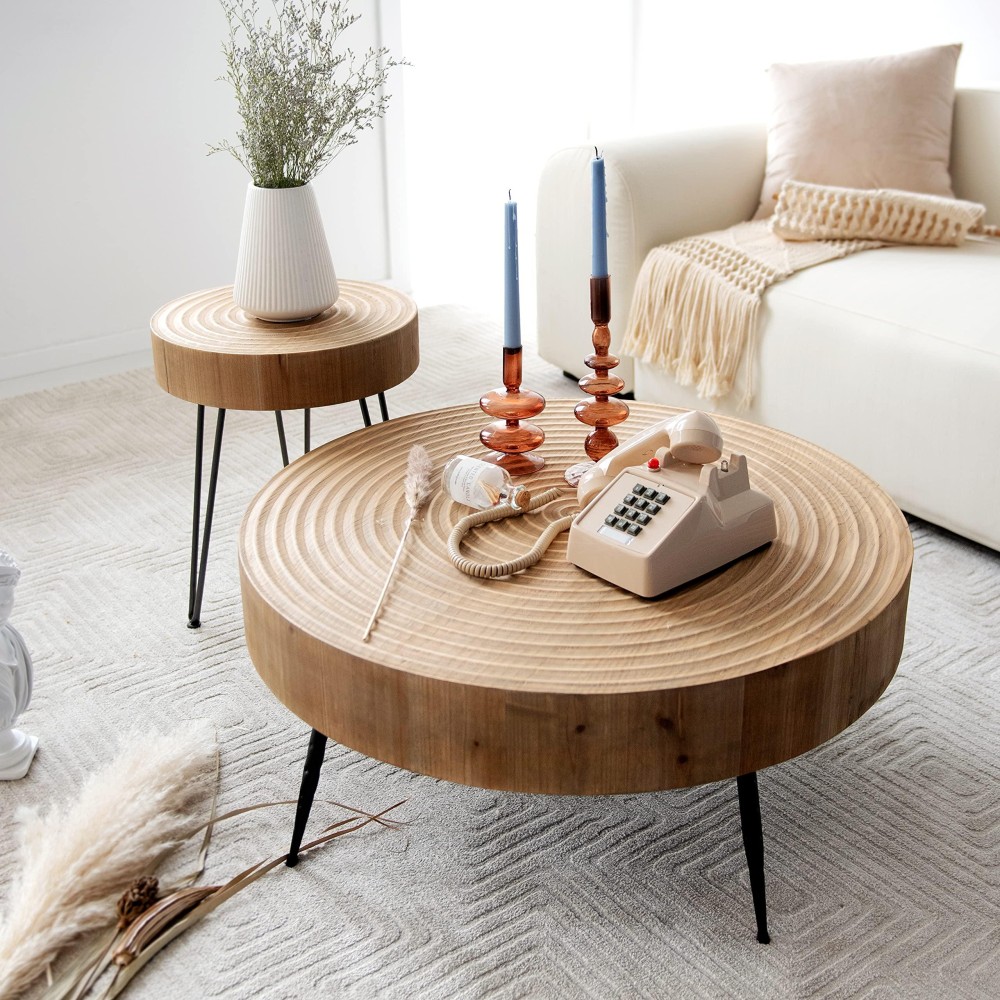 Cozayh 2-Piece Modern Farmhouse Living Room Coffee Table Set, Nesting Table Round Natural Finish With Handcrafted Wood Ring Motif, Wood Colour