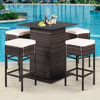 Tangkula 5 Piece Outdoor Rattan Bar Set, Patio Bar Furniture With 4 Cushions Stools And Smooth Top Table With Hidden Storage Shelf, Outdoor Conversation Set For Poolside, Backyard, Lawn