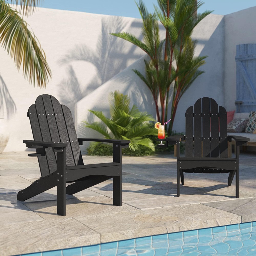 Lue Bona Adirondack Chairs Set Of 2 Black Hdps Adirondack Chairs With Cup Holder 350Lbs Modern Adirondack Chair Weather Resist