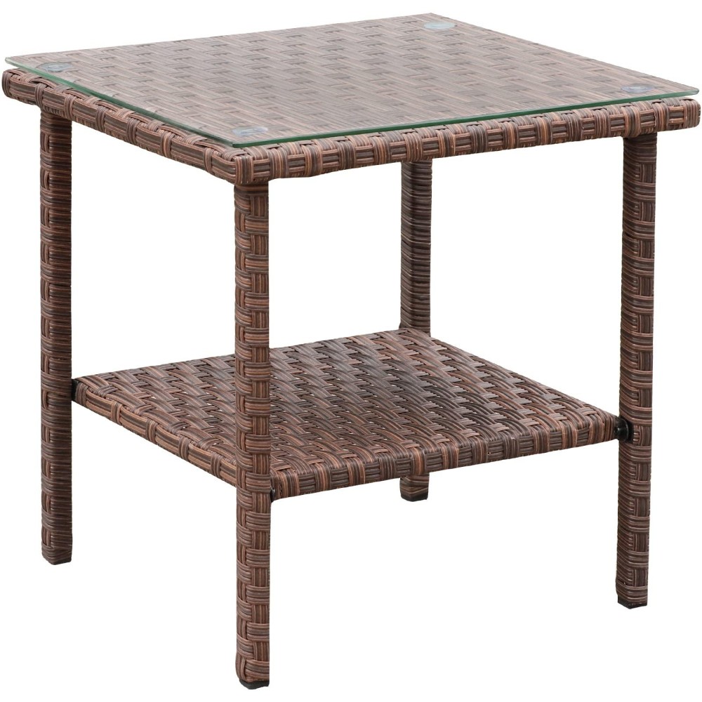 Outdoor Pe Wicker Side Table Patio Rattan Garden Coffee End Square Table With Glass Top 2Layer Table Furniture Brown