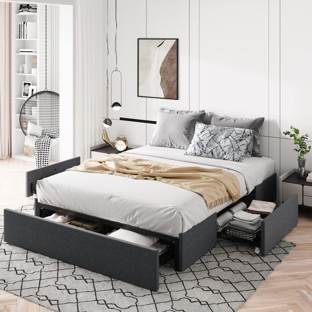 Allewie Queen Size Platform Bed Frame With 3 Storage Drawers, Fabric Upholstered, Wooden Slats Support, No Box Spring Needed, Noise Free, Easy Assembly, Dark Grey