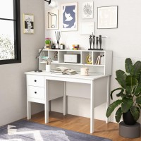 Tangkula White Desk With Drawers & Hutch, Modern Home Office Desk Writing Study Desk With Charging Station, Laptop Desk With 5 Storage Compartments, Computer Workstation Makeup Vanity Desk