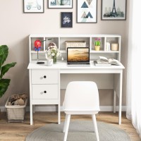 Tangkula White Desk With Drawers & Hutch, Modern Home Office Desk Writing Study Desk With Charging Station, Laptop Desk With 5 Storage Compartments, Computer Workstation Makeup Vanity Desk