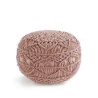 Lane Linen Pouf Ottoman Hand Knitted Cable Style Dori Pouf - Macram?Pouf - Floor Ottoman - 100% Cotton Braid Cord - Handmade & Hand Stitched - 20 Diameter X 14 Height - Dusty Pink