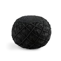 Lane Linen Pouf Ottoman Hand Knitted Cable Style Pouf - Macram?Pouf, Floor Ottoman - 100% Cotton Braid Cord, Handmade & Hand Stitched -One Of A Kind Seating - 20 Diameter X 14 Height - Jet Black
