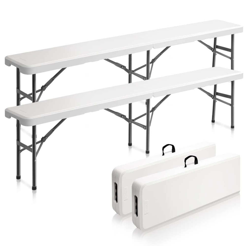 Vingli 2 Pack 6 Feet Plastic Folding Bench,Portable In/Outdoor Picnic Party Camping Dining Seat, Garden Soccer Multipurpose Entertaining Activities, White