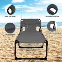 Gymax Tanning Chair, Folding Beach Lounger With Face Arm Hole, Adjustable Backrest, Side Pocket, Pillow & Carry Handle, Outside Sunbathing Lounge Chair For Patio, Poolside, Lawn (2, Gray)