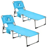 Gymax Tanning Chair, Folding Beach Lounger With Face Arm Hole, Adjustable Backrest, Side Pocket & Carry Handle, Outside Sunbathing Lounge Chair For Patio, Poolside, Lawn (2, Turquoise)