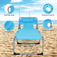 Gymax Tanning Chair, Folding Beach Lounger With Face Arm Hole, Adjustable Backrest, Side Pocket & Carry Handle, Outside Sunbathing Lounge Chair For Patio, Poolside, Lawn (2, Turquoise)