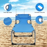 Gymax Tanning Chair, Folding Beach Lounger With Face Arm Hole, Adjustable Backrest, Side Pocket, Pillow & Carry Handle, Outside Sunbathing Lounge Chair For Patio, Poolside, Lawn (1, Navy)
