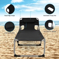 Gymax Tanning Chair, Folding Beach Lounger With Face Arm Hole, Adjustable Backrest, Side Pocket, Pillow & Carry Handle, Outside Sunbathing Lounge Chair For Patio, Poolside, Lawn (1, Black)