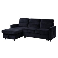 Lilola Home Ivy Black Velvet Reversible Sleeper Sectional Sofa with Storage Chaise and Side Pocket