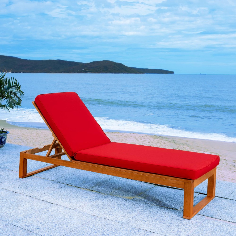 Safavieh Outdoor Collection Solano Natural Brown Solid Wood/Red Cushion Patio Adjustable Chaise Lounge Chair (Pat7024R)