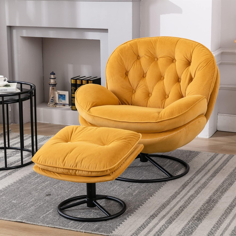 Baysitone Velvet Swivel Accent Chair With Ottoman Set, Modern Lounge Chair With Footrest, Comfy Armchair With 360 Degree Swiveling For Living Room, Bedroom, Reading Room, Home Office (Yellow)